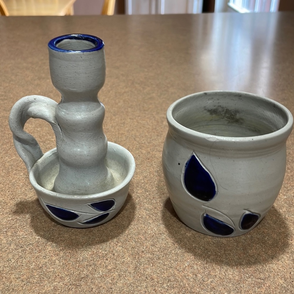 Williamsburg Pottery candlestick and small crock.